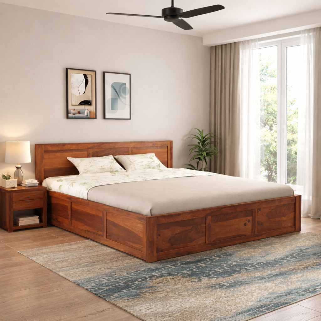 Sheesham Wood Bed King Size With Box Storage | Honey Finish (Box Storage)