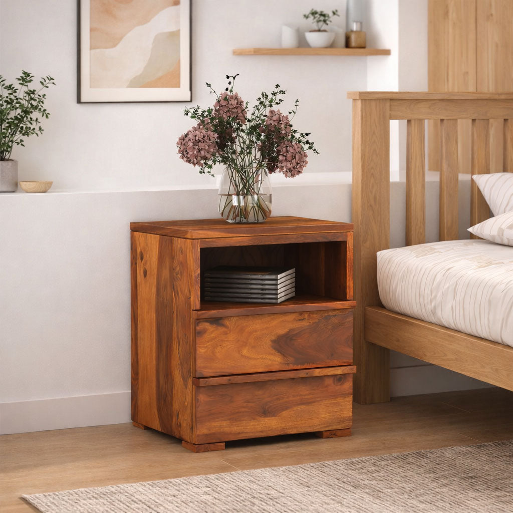 Sheesham Wood Bedside End Table with 2 Drawers and Open Shelf Storage for Bedroom Living Room Wooden Furniture Side Table for Hotel Room Office