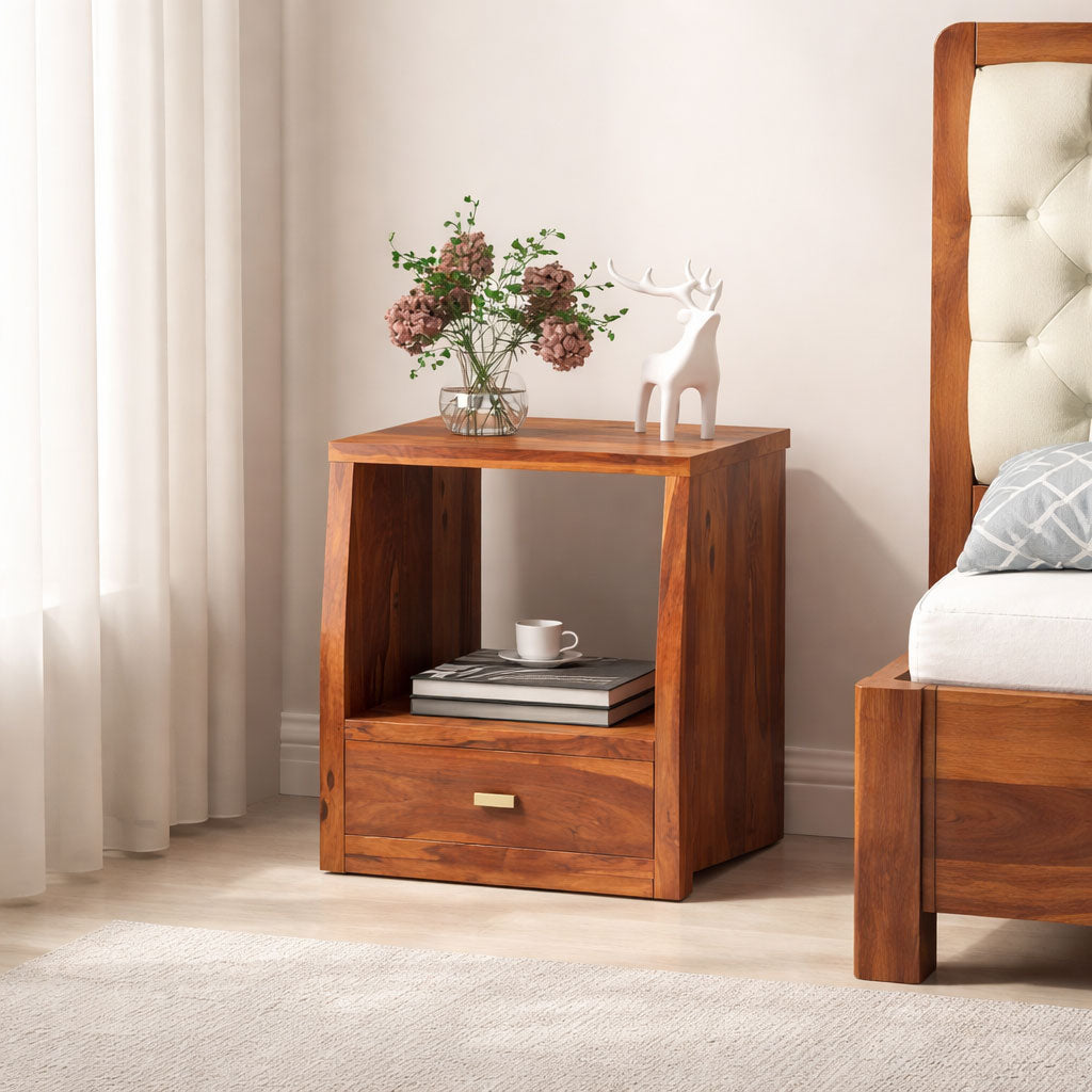 Sheesham Wood Bedside Table With 1 Drawer - Honey Finish