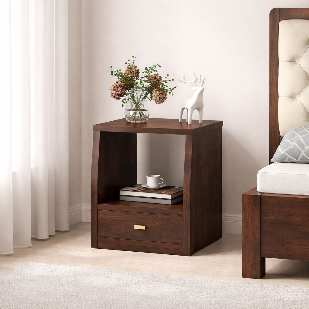 Sheesham Wood Bedside Table With 1 Drawer - Walnut Finish