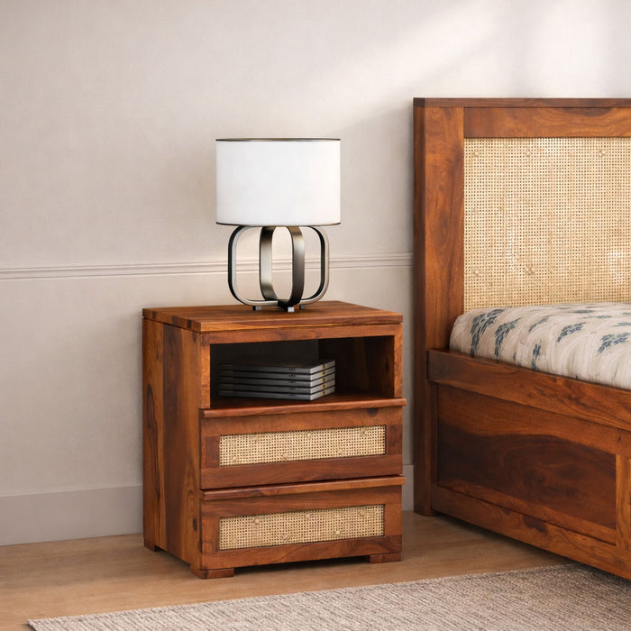 Sheesham Wood Bedside Table for Bedroom Living Room Home Office with 2 Drawer and 1 Open Shelf Storage Furniture | Sofa Side Table | End Table | Nightstand