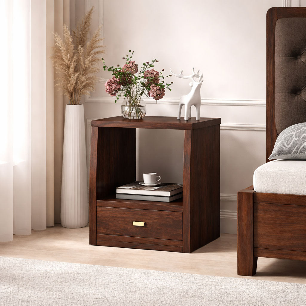 Sheesham Wood Bedside Table with 1 Drawer and Shelf Storage for Bedroom Living Room Home Office Hotel Furniture Wooden Sofa Side Table|Nightstand|End Table