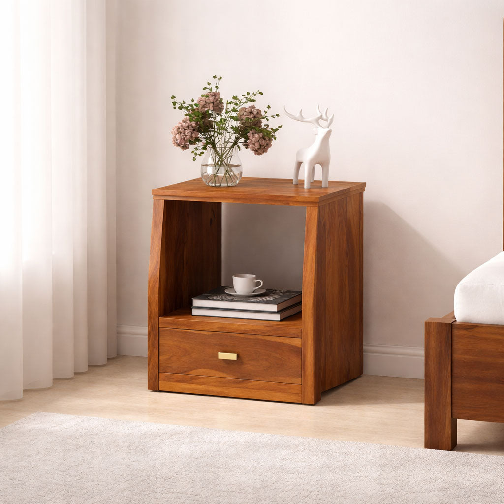 Sheesham Wood Bedside Table with 1 Drawer and Shelf Storage for Bedroom Living Room Home Office Hotel Furniture Wooden Sofa Side Table|Nightstand