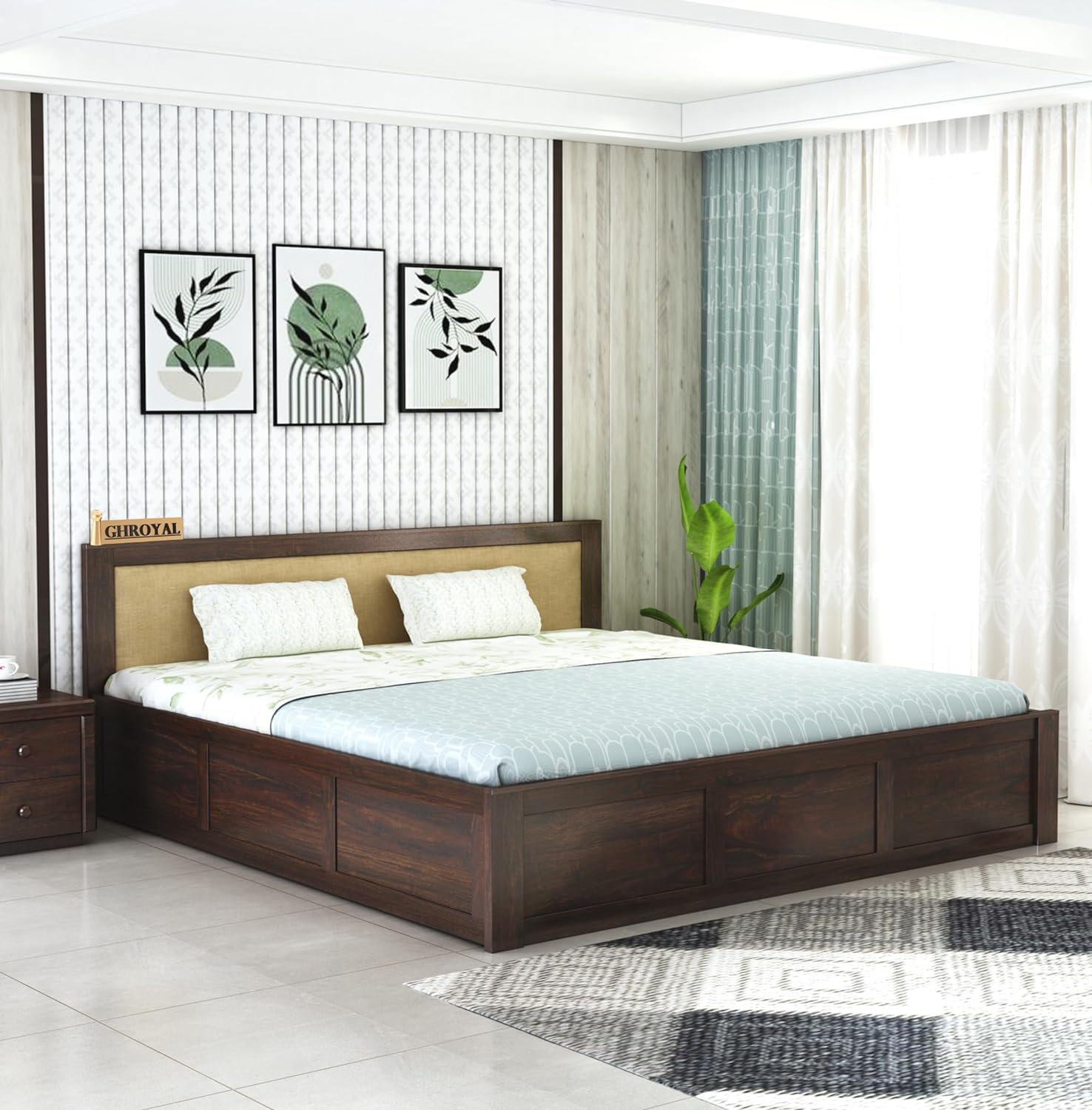 Sheesham Wood King Size Bed With Box Storage | Walnut Box-Cream Cushion