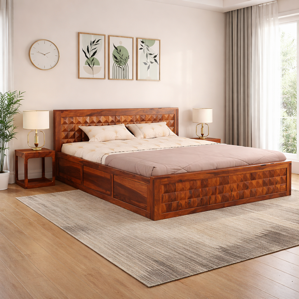 Sheesham Wood King Size Bed with Box Storage and Headboard | Durable Wooden Double Bed Cot Palang Furniture for Bedroom, Living Room, Guest Room, Hotels and Home
