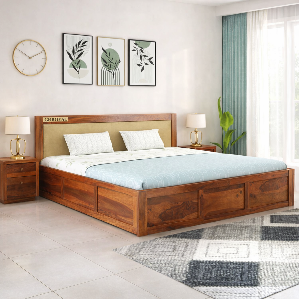 Sheesham Wood King Size Bed with Box Storage for Bedroom Living Room Home Hotel Wooden Double Bed Cot Palang with Cushion Headboard Furniture