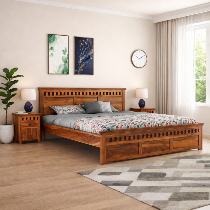 Sheesham Wood Queen Size Bed Without Storage for Bedroom Home Wooden Double Bed Cot Palang Furniture for Living Room and Hotels