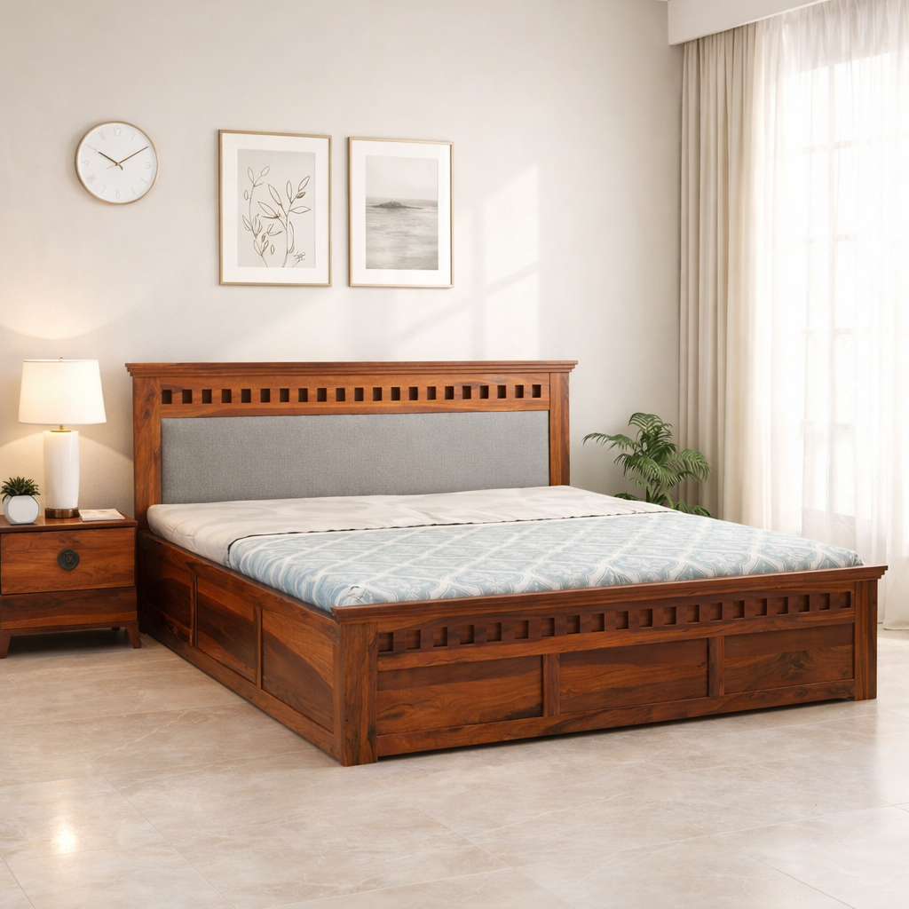 Sheesham Wood Queen Size Bed with Box Storage | 1 Year Warranty | Wooden Double Bed Cot Palang Furniture for Bedroom Living Room Home Hotel
