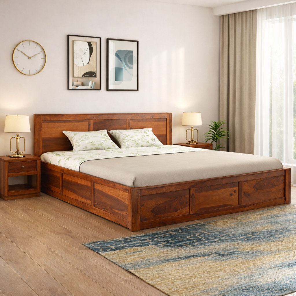 Sheesham Wood Queen Size Bed with Box Storage for Bedroom Living Room Home Hotel Wooden Double Bed Cot Palang Furniture