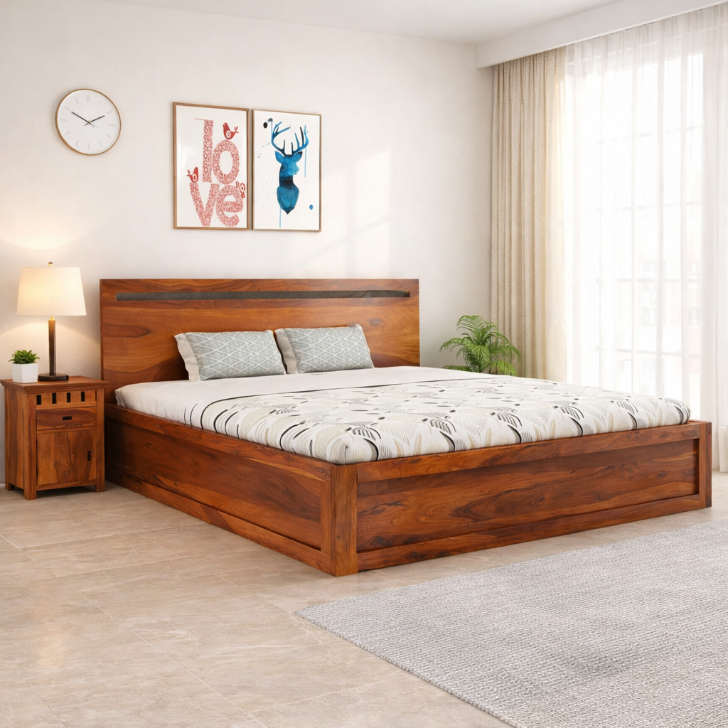 Sheesham Wood Queen Size Bed with Storage for Bedroom Living Room Home Hotel Bed with Headboard Pannel Wooden Double Bed Cot Palang Furniture
