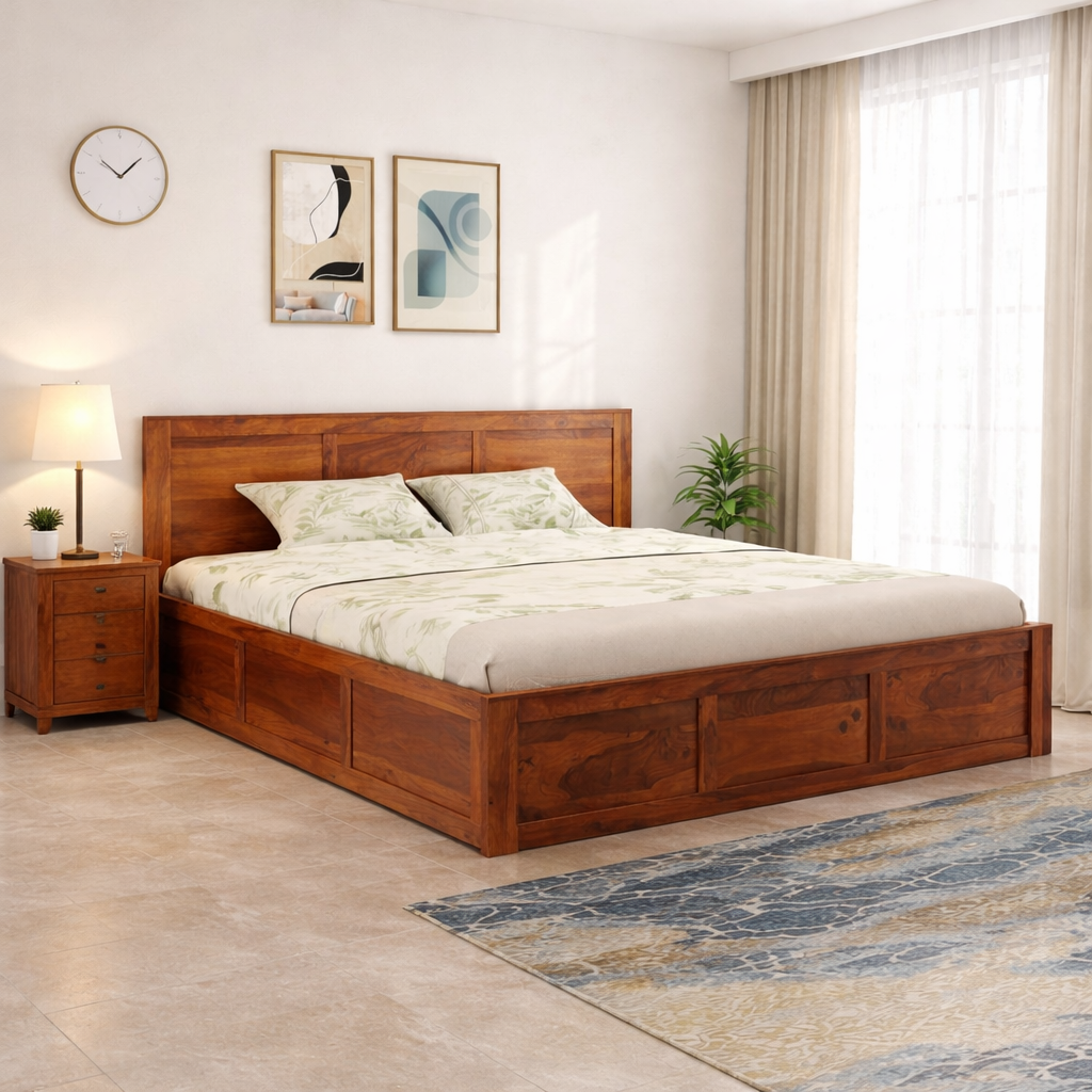 Sheesham Wood Queen Size Double Bed with Box Storage for Bedroom Furniture Wooden Palang for Living Room Furniture