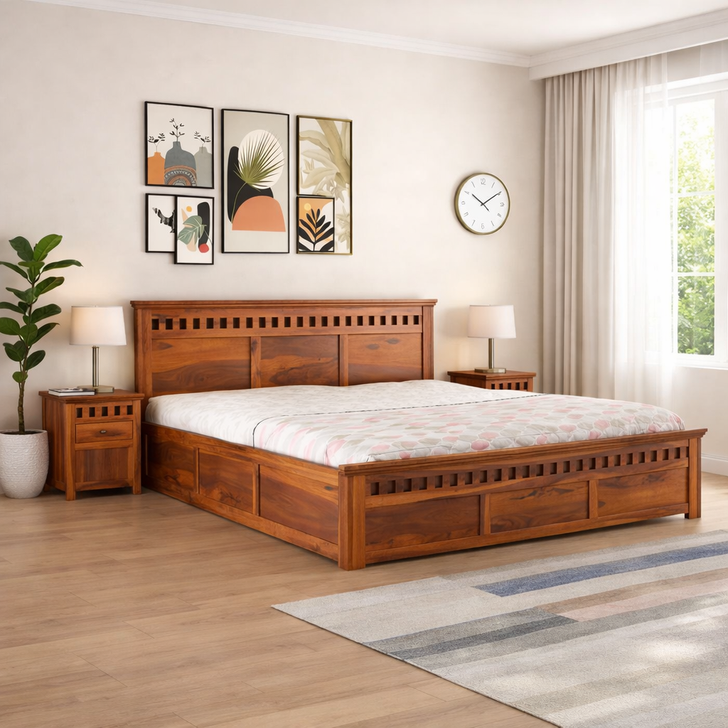Sheesham Wood Queen Size Kuber Bed with Box Storage for Bedroom Living Room Home Hotel Wooden Double Bed Cot Palang Furniture