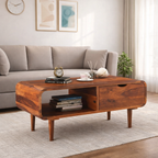 Sheesham Wood Rectangle Coffee Table with Shelf and Drawer Storage Wooden Tea Tables Solid Wood Center Table Furniture for Bedroom Living Room Home Office