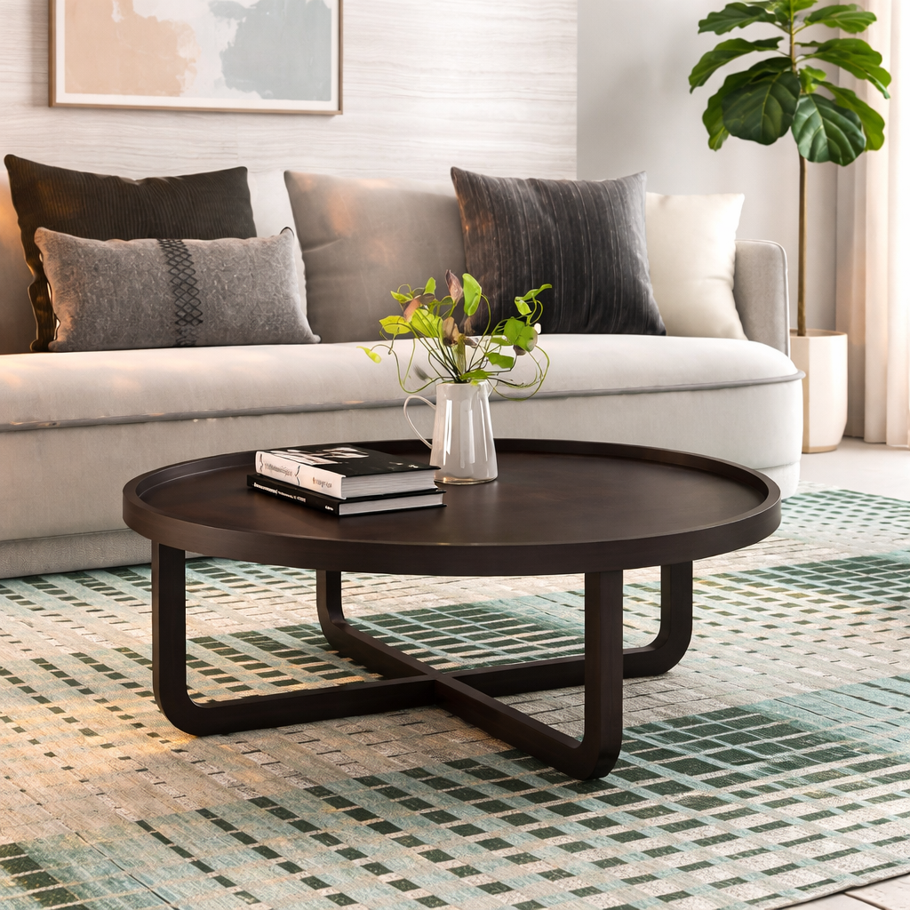 Sheesham Wood Round Center Coffee Table Wooden Teapoy Tea Cocktail Tables for Living Room Bedroom Home