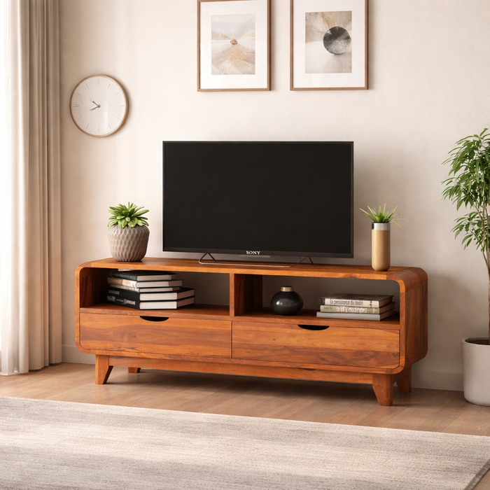Sheesham Wood Sideboard Low Height TV Cabinet/TV Stand for Living Room & Bedroom | Wooden Free Standing TV Unit Side Board Table with 2 Drawer & Shelf Storage