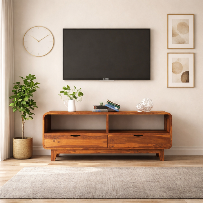 Sheesham Wood Sideboard Low Height TV Cabinet/TV Stand for Living Room & Bedroom | Wooden Free Standing TV Unit Side Board Table with 2 Drawer & Shelf Storage