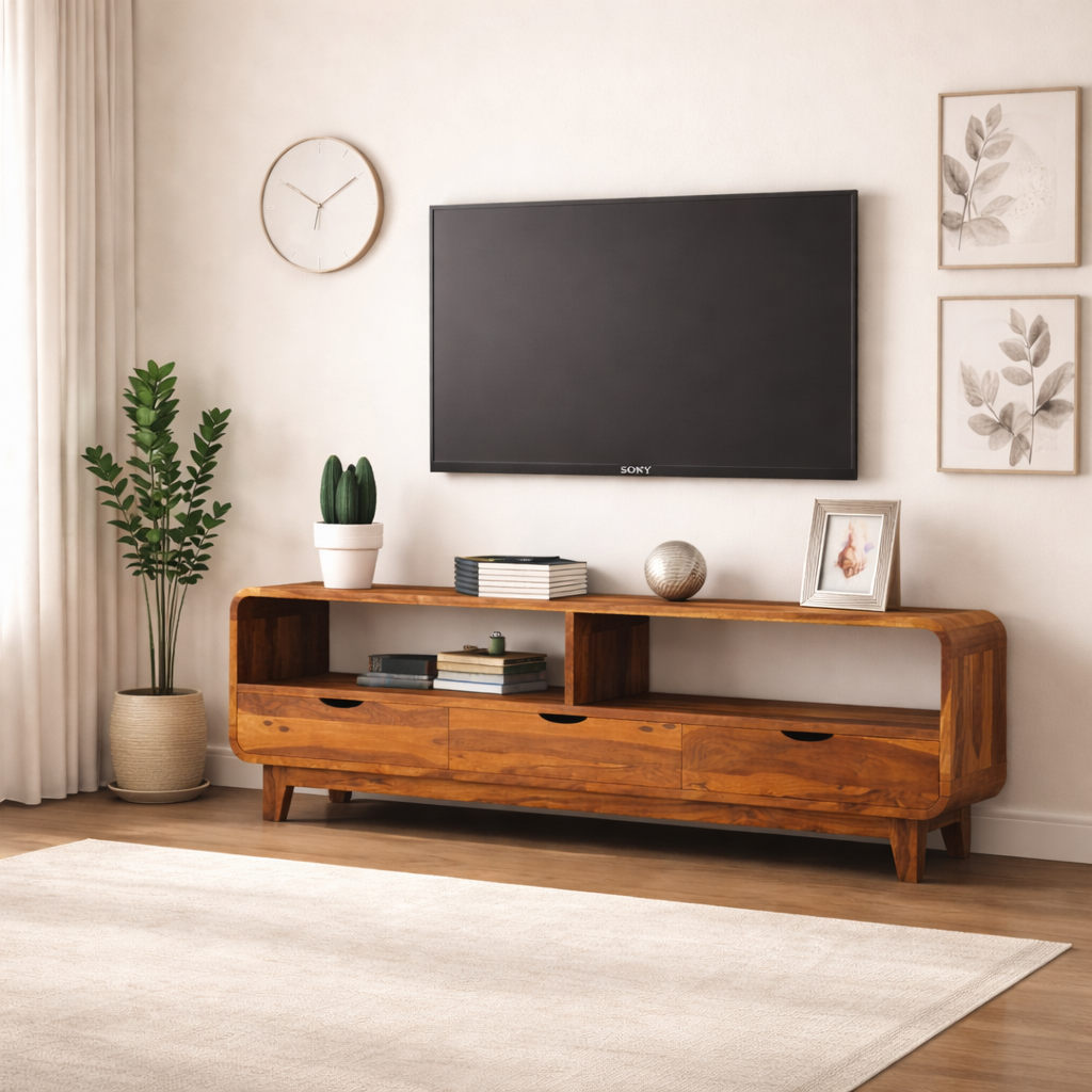 Sheesham Wood TV Cabinet with 3 Drawer Storage TV Stand Table Wooden Furniture Entertainment Unit for Living Room Home