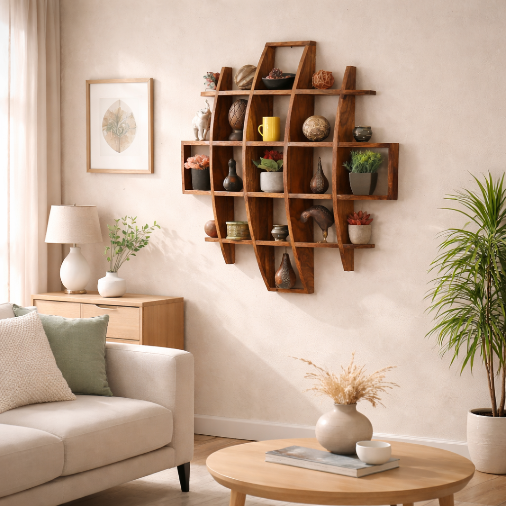 Sheesham Wood Wall Shelf Wooden Wall Mount Dispay Rack for Living Room Home