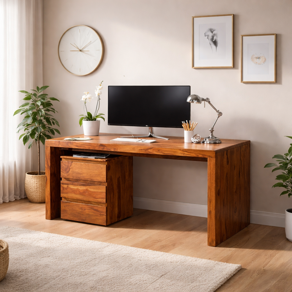 Sheesham Wood Writing Study Table with Drawer Storage for Students Laptop Desk Wooden Furniture Office Desk for Study Room Home Office