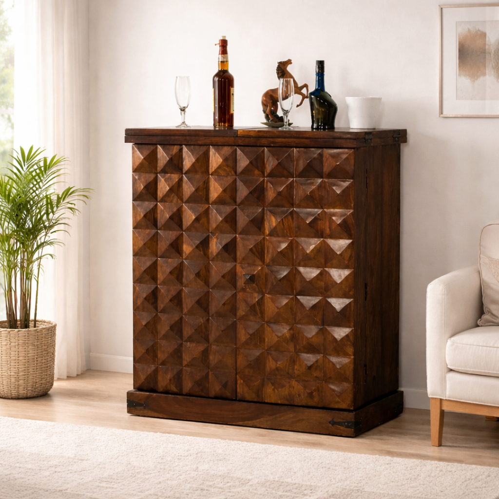 Sheesham Wooden Bar Cabinet with Storage Mini Bar Cabinet Wine Storage Rack Furniture for Living Room Home Hotel & Restaurant