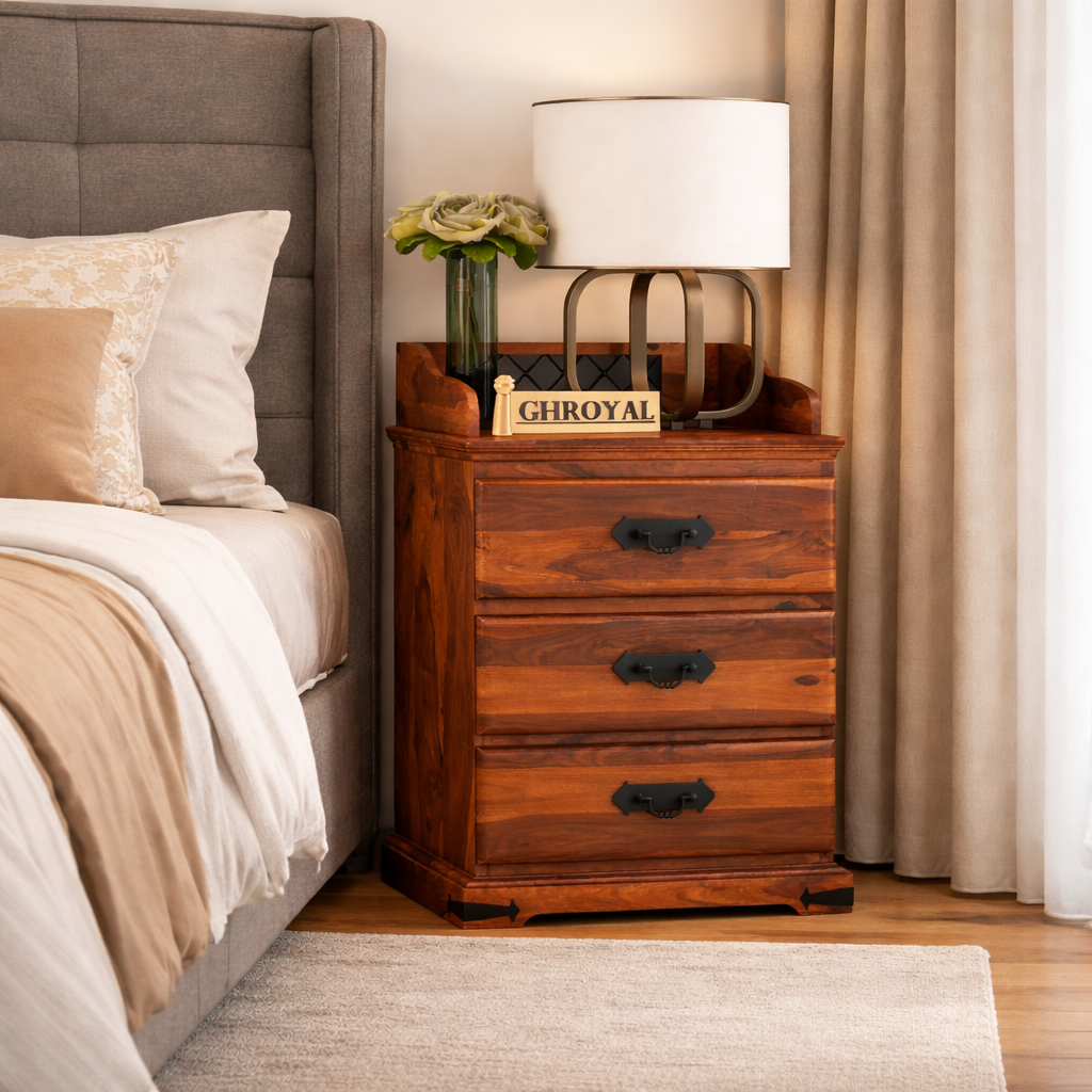 Sheesham Wood Bedside Table with 3 Drawer Storage End Table Sofa Side Table for Living Room Home and Office