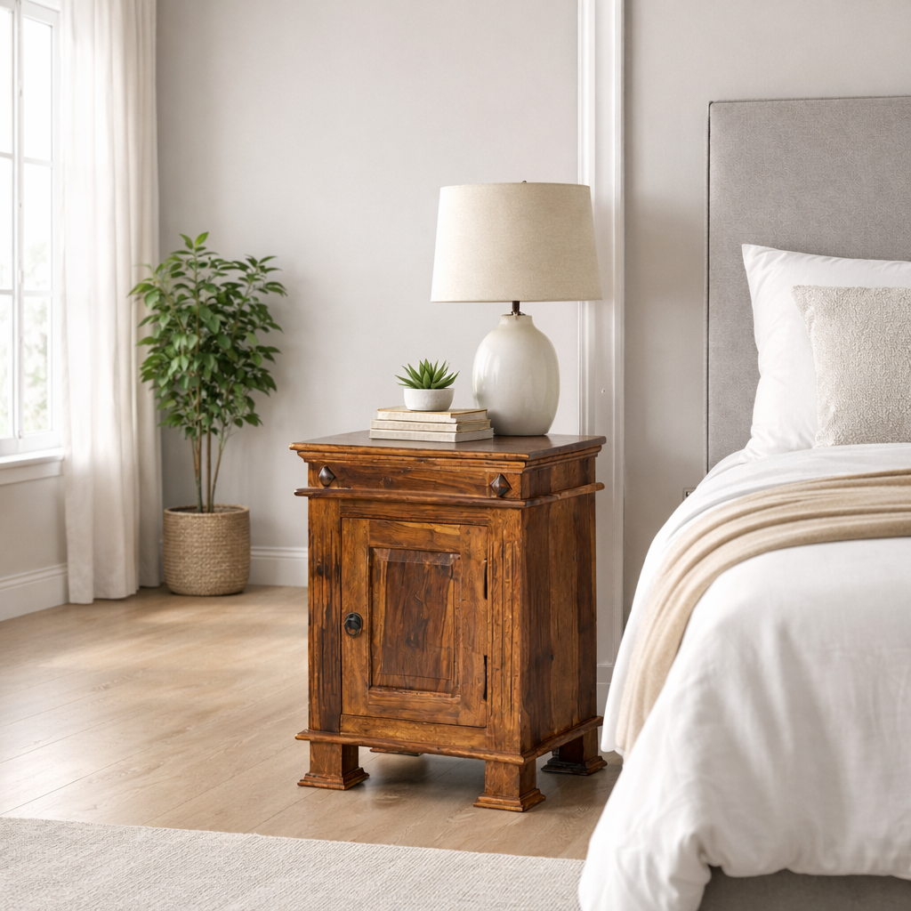 Sheesham Wood Bedside Table with Cabinet Storage Night Stand Sofa Side Table End Table Furniture for Living Room Home Office