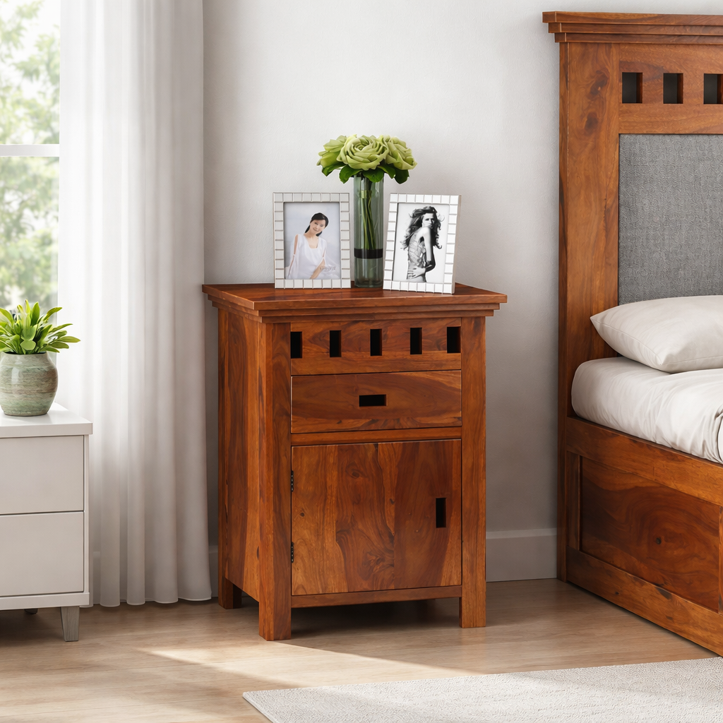 Sheesham Wood Bedside Table with Drawer and Cabinet Storage End Table Sofa Side Table for Living Room Home and Office