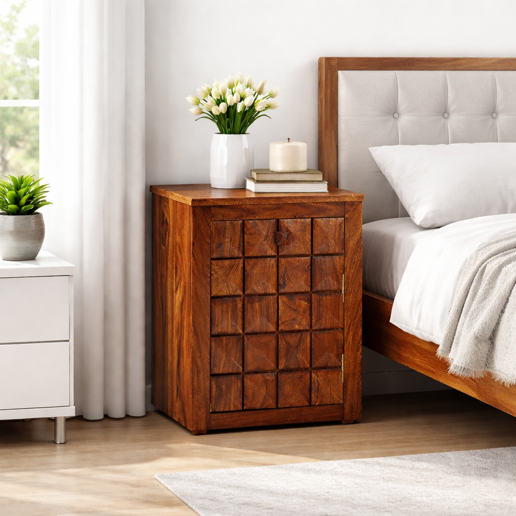 Sheesham Wood Bedside Table with One Drawer and Cabinet Storage for Bedroom, Living Room, Home Office Furniture Nightstand | Sofa Side Table | End Table