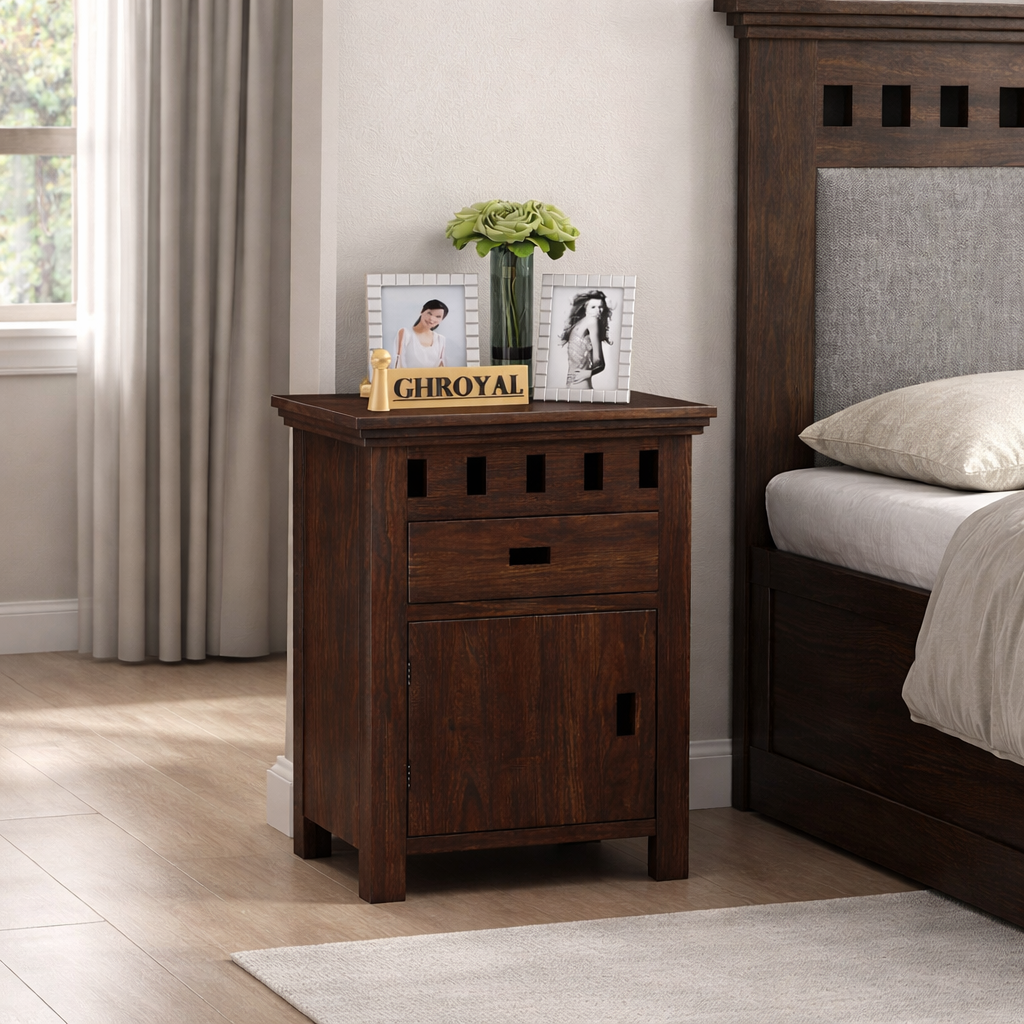 Sheesham Wood Bedside Table with One Drawer and Cabinet Storage for Bedroom, Living Room, Office Nightstand Sofa Side Table End Table Furniture