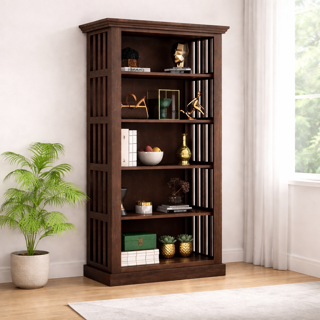 Sheesham Wood Bookshelf with Open Shelf Storage Wooden Bookcase Cabinet Furniture Display Unit for Home Office Living Room, Bedroom