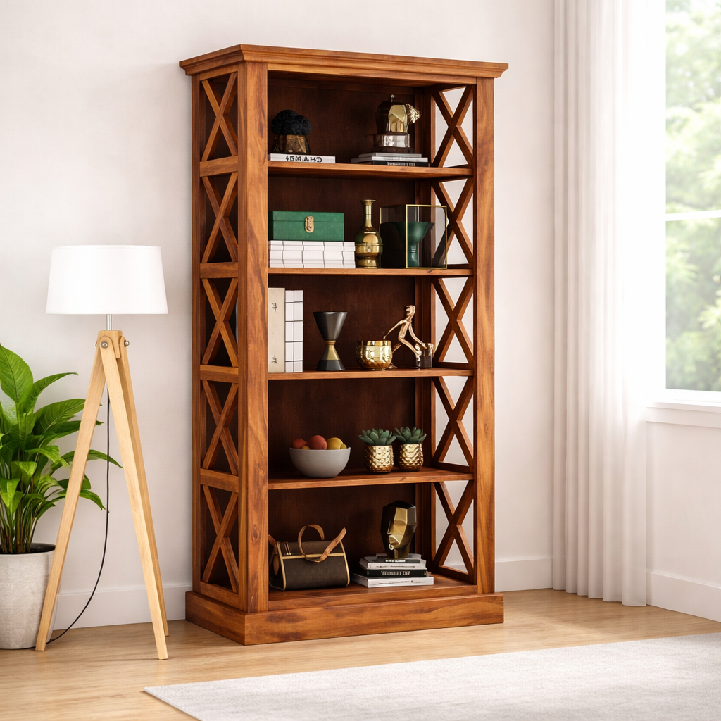 Sheesham Wood Bookshelf with Open Shelf Storage Wooden Showcase Display Unit Book Stand for Home, Office, Living Room