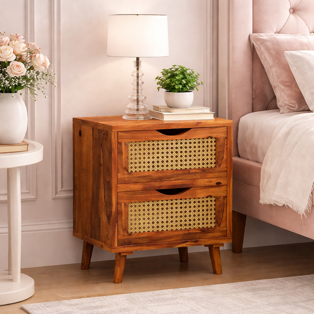 Sheesham Wood Cane Bedside End Table | Wooden Decorative Side Tables With 2 Drawers Storage | Honey Finish