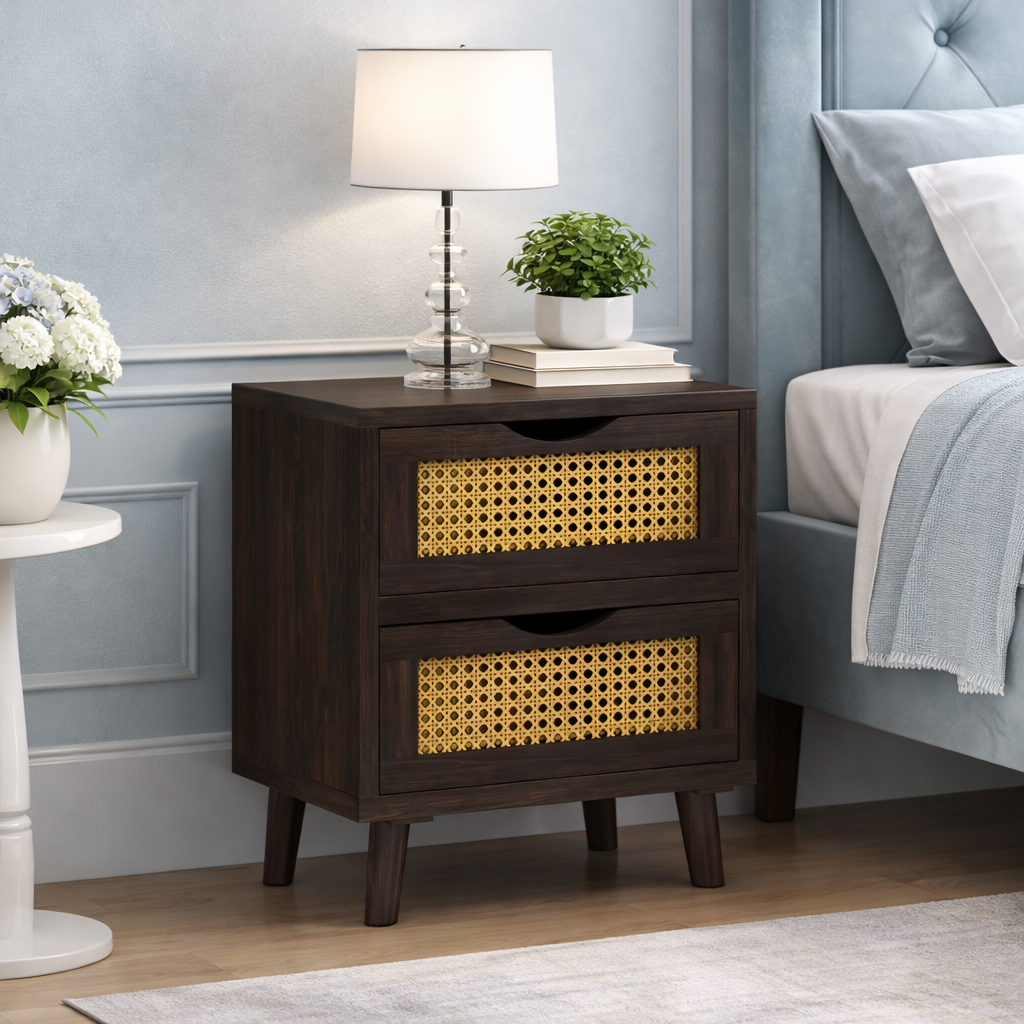 Sheesham Wood Cane Bedside End Table | Wooden Decorative Side Tables With 2 Drawers Storage | Walnut Finish