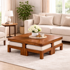 Sheesham Wood Coffee Table with 4 Cushion Stool Wooden Centre Table Teapoy Tea Table Furniture for Bedroom Living Room Home Office