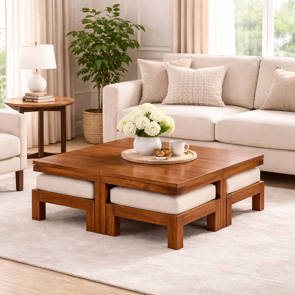 Sheesham Wood Coffee Table with 4 Cushion Stool Wooden Centre Table Teapoy Tea Table Furniture for Bedroom Living Room Home Office