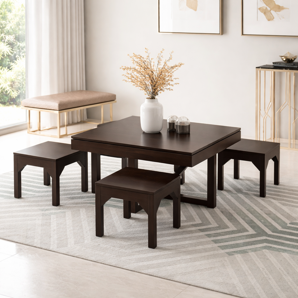 Sheesham Wood Coffee Table with 4 Stools for Living Room Wooden Teapoy Tea Tables Furniture for Hotels Home Office