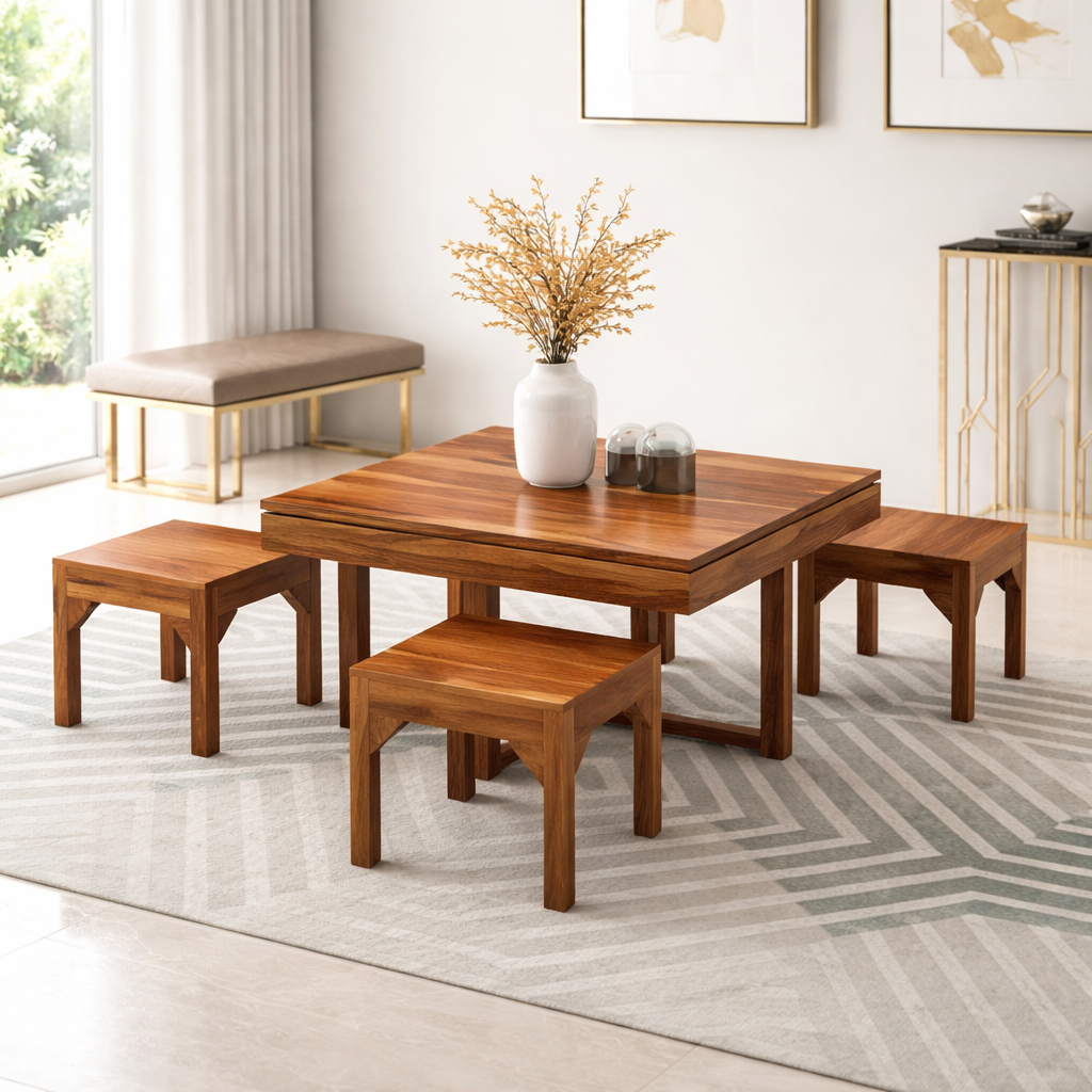 Sheesham Wood Coffee Table with 4 Stools for Living Room Wooden Teapoy Tea Tables Furniture for Hotels Home Office and Hall