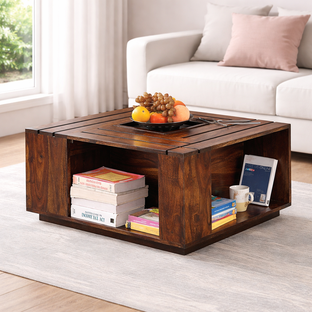 Sheesham Wood Coffee Table with Self Storage for Bedroom Living Room Home Office Teapoy Tea Table Center Table Furniture