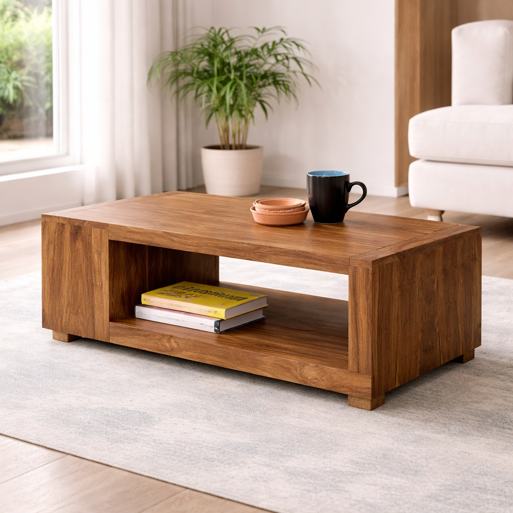 Sheesham Wood Coffee Table with Shelf Storage Wooden Teapoy Tea Table Center Table Furniture for Bedroom Living Room Home and Office