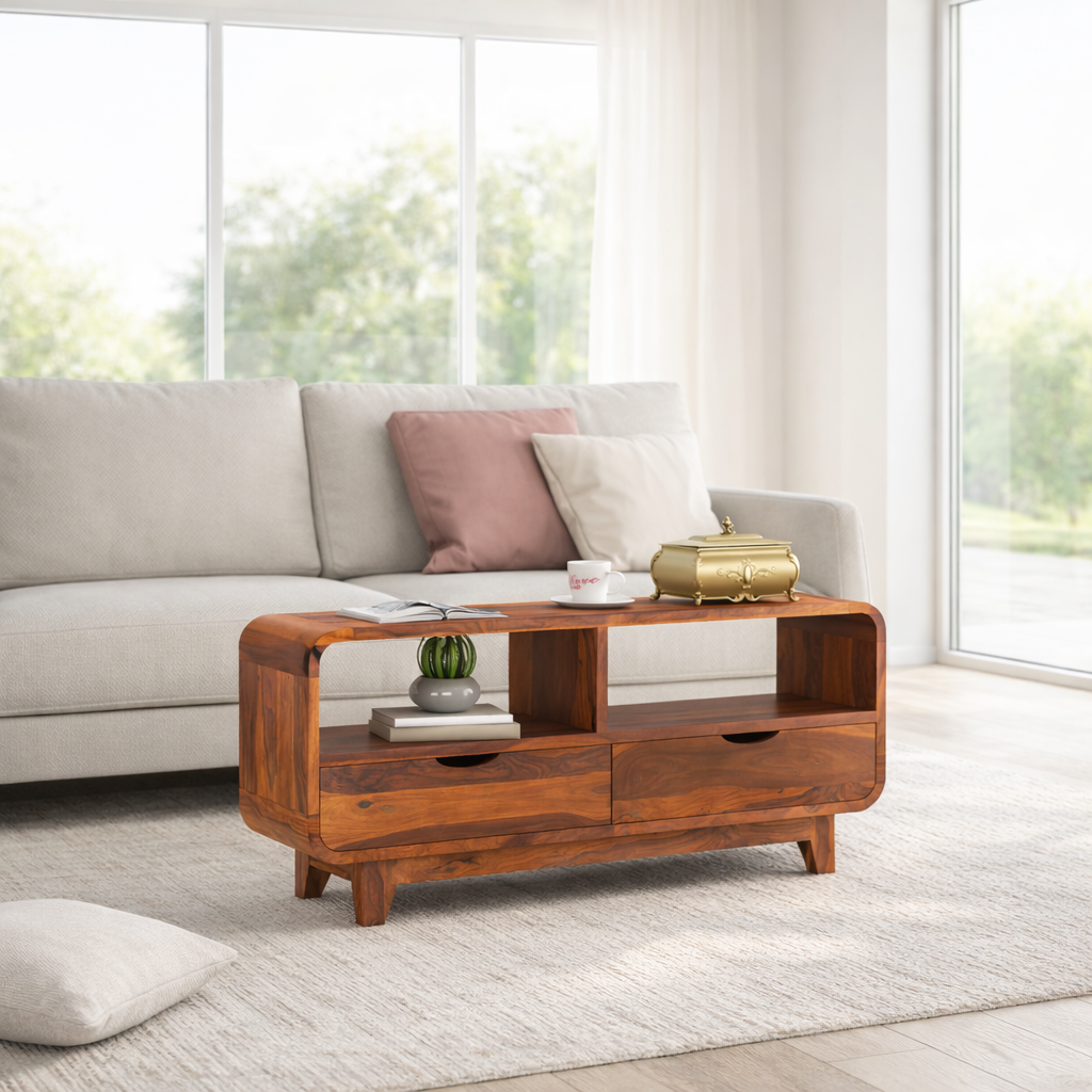 Sheesham Wood Curved Elongated Coffee Table with 2 Drawer and Shelf Storage for Bedroom Living Room Home Office Teapoy Tea Table Solid Wooden Center Table