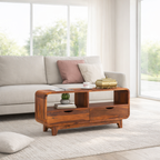 Sheesham Wood Curved Elongated Coffee Table with 2 Drawer and Shelf Storage for Bedroom Living Room Home Office Teapoy Tea Table Solid Wooden Center Table