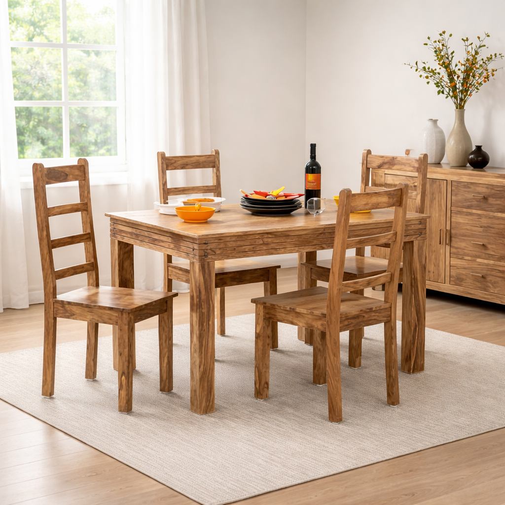 Sheesham Wood Dining Table 4 Seater | Space Saving Four Seater Dinning Table Set with 4 Chairs for Home Office Restaurant & Hotel Wooden Dinner Table 4 Seater Furniture