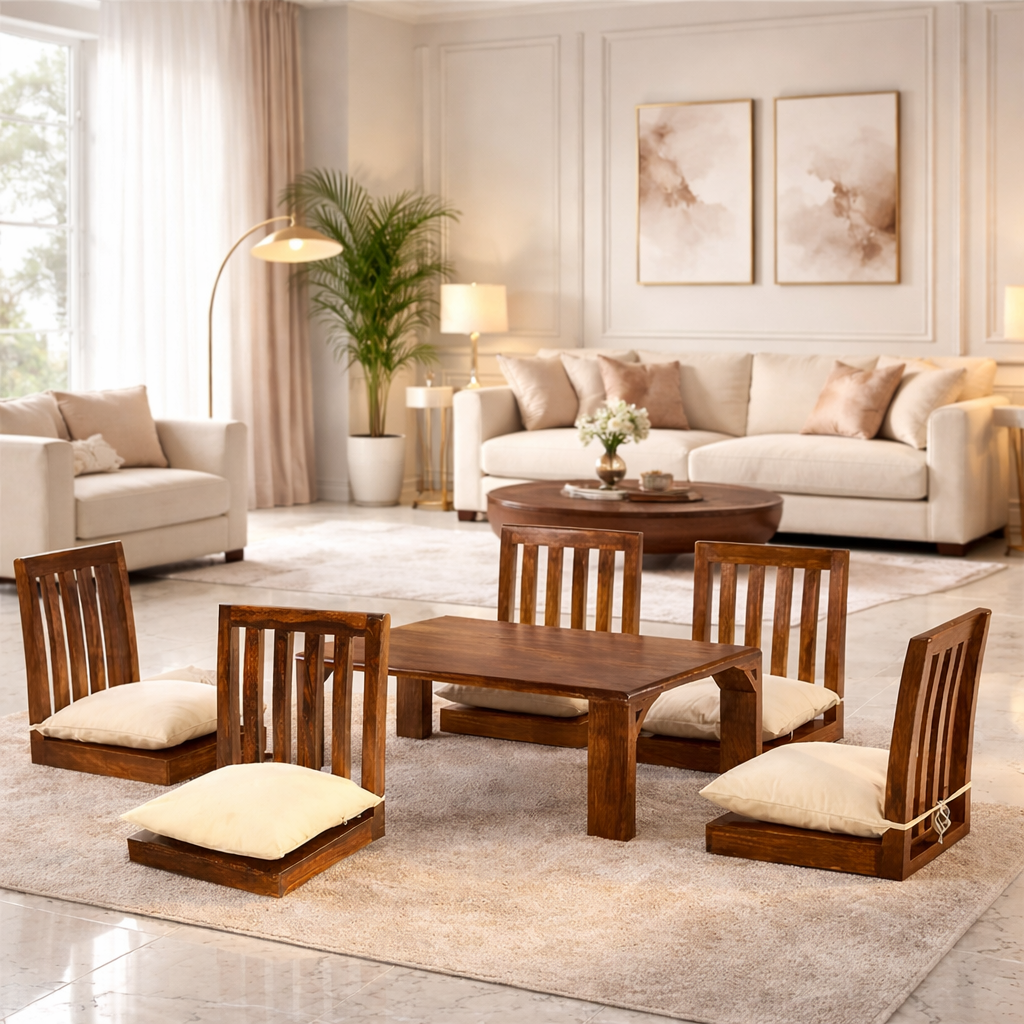 Sheesham Wood Dining Table 6 Seater | Space Saving Japanese Six Seater Dinning Table Set with 6 Chairs for Home & Office | Wooden Kitchen Dinner Table 6 Seater Furniture