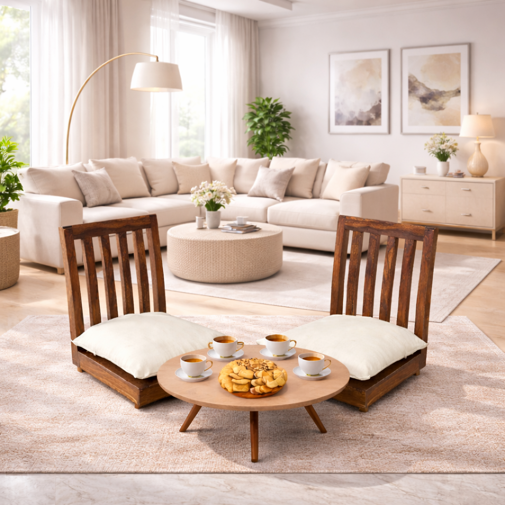 Sheesham Wood Japanese Chair Meditation Chairfor Living Room Home - Pack of 2