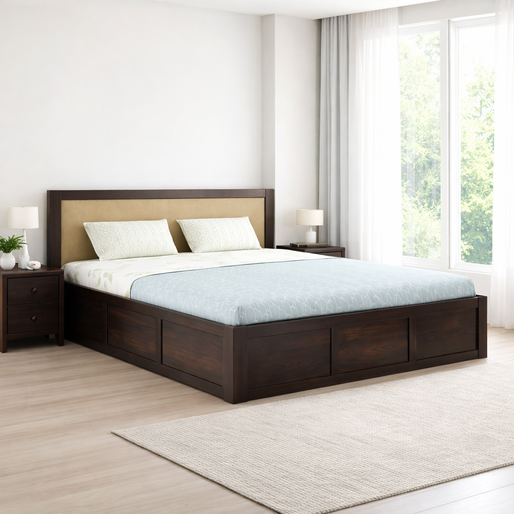 Sheesham Wood King Size Bed With Box Storage | Walnut Box-Cream Cushion