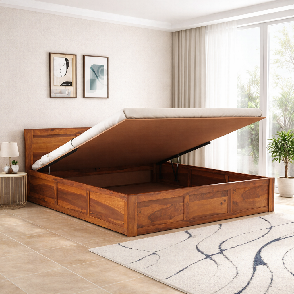 Sheesham Wood King Size Bed With Hydraulic Storage