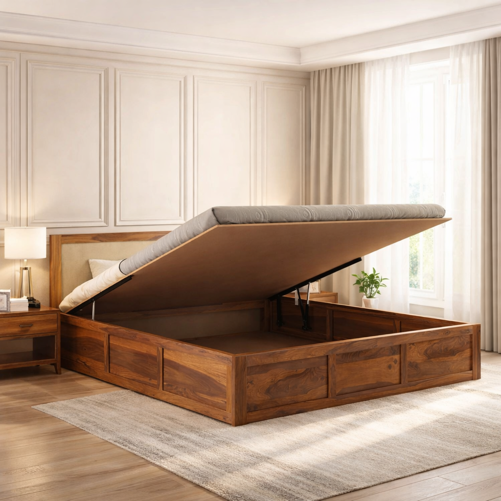 Sheesham Wood King Size Bed With Hydraulic Storage | Honey HYD-Cream Cushion