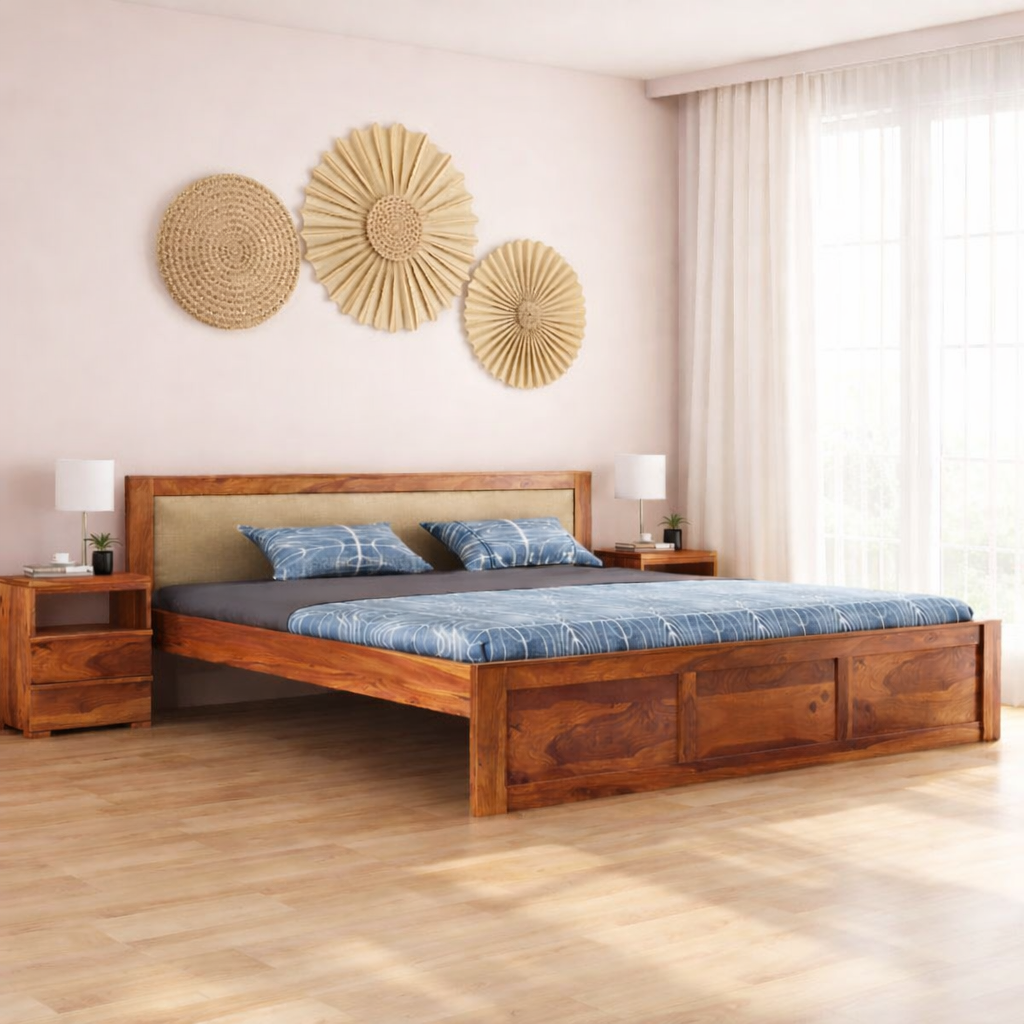 Sheesham Wood King Size Bed Without Storage Wooden Headboard Cushion Cot Double Bed Furniture for Bedroom Living Room Home