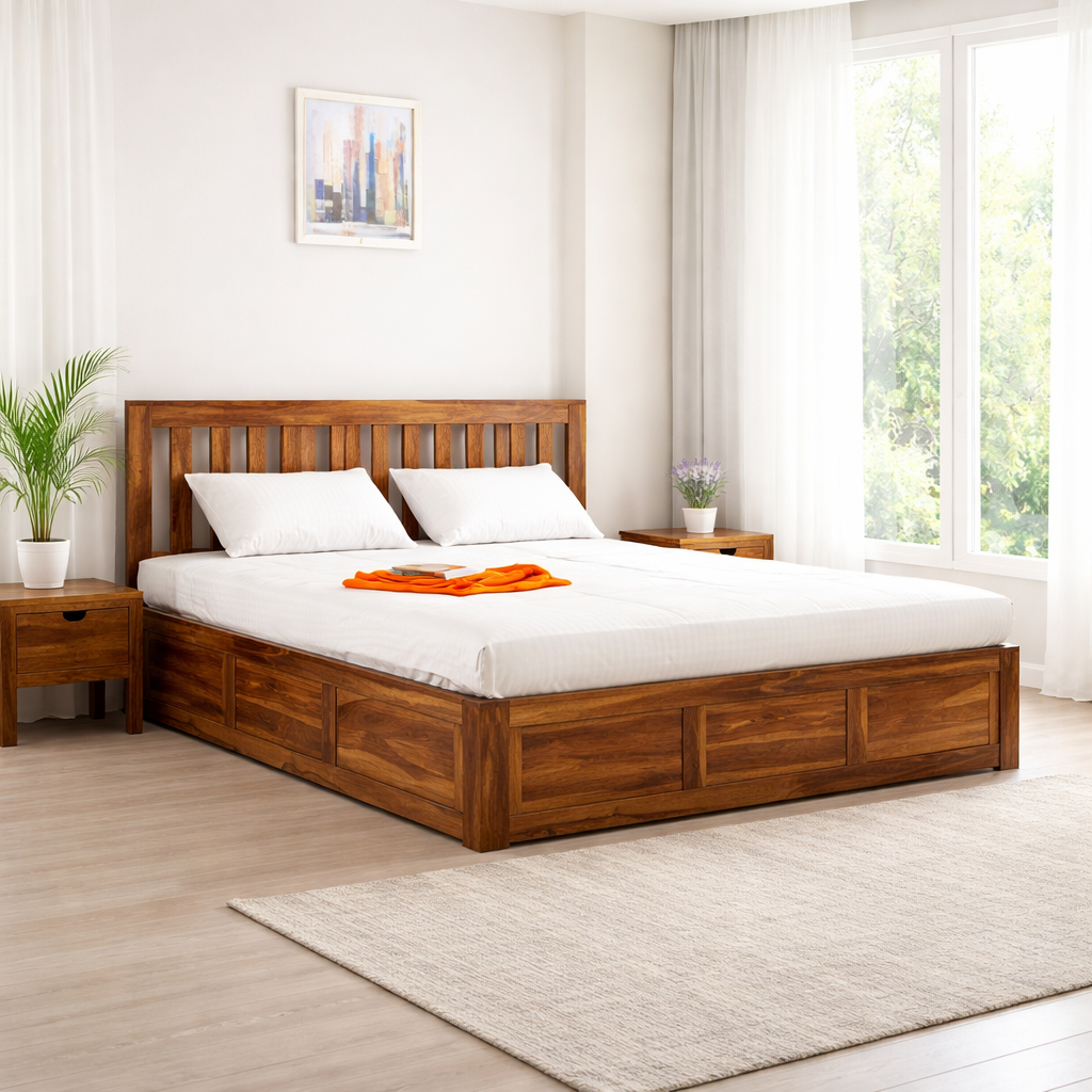 Sheesham Wood King Size Bed with Box Storage for Bedroom Living Room Home Hotel Wooden Double Bed Cot Palang Furniture