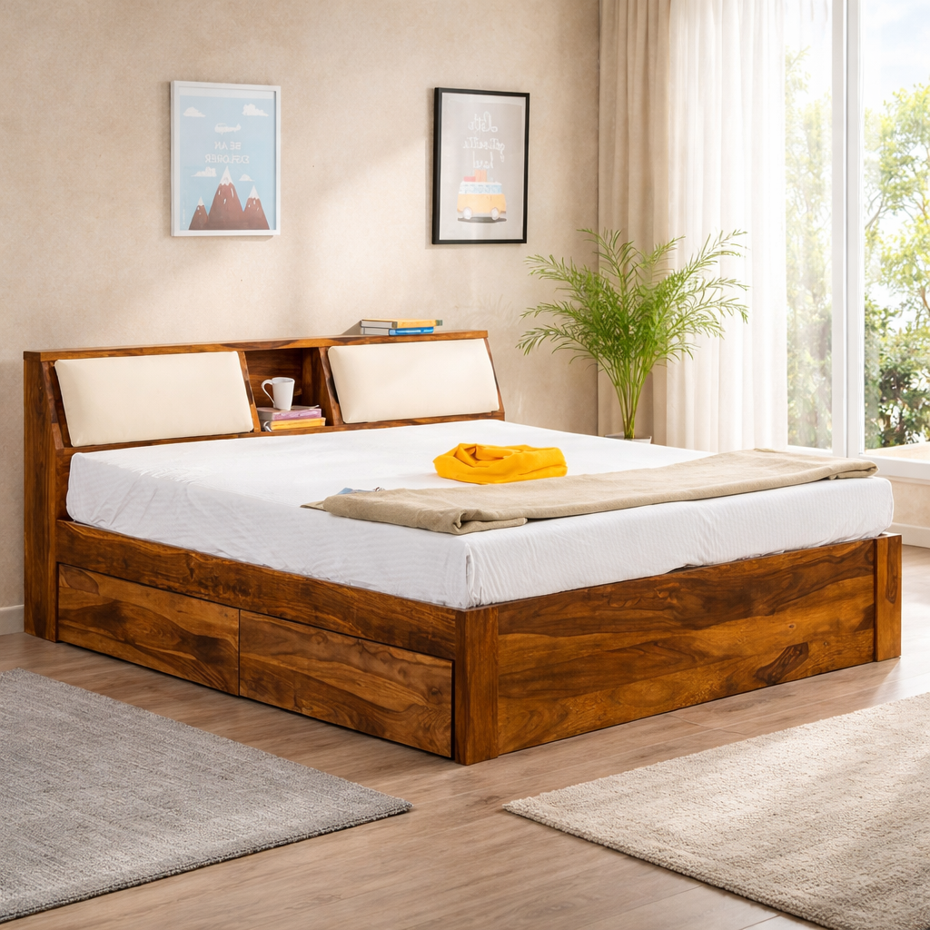 Sheesham Wood King Size Bed with Drawer Storage for Bedroom Living Room Hotel Home Furniture Wooden Double Bed Cot Palang